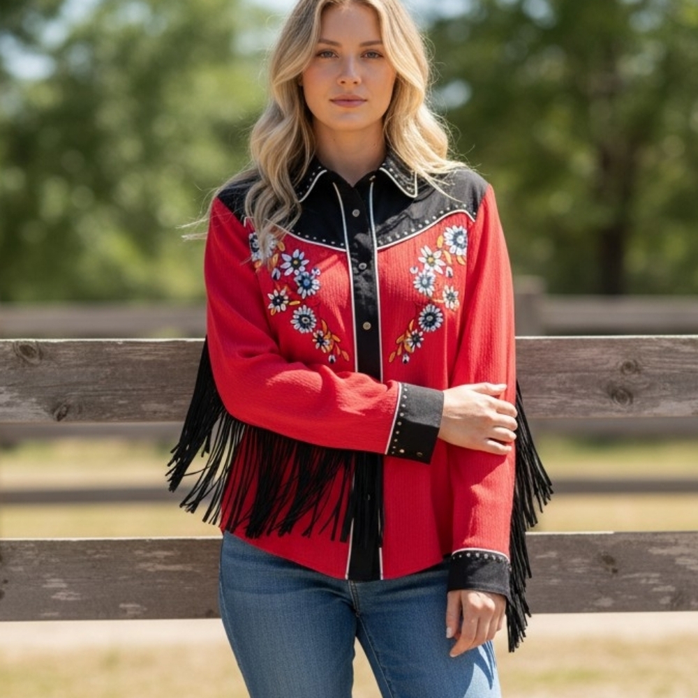 Women's Red & Black Western Embroidered Fringe Button Down Cowgirl Rodeo Blouse